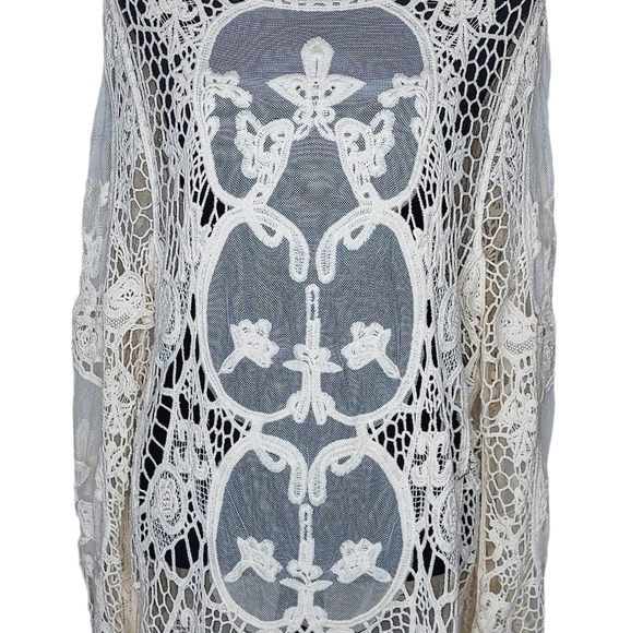 ORIGAMI by vivian Cream Boho Crochet Lace Long Sleeve Top Size M/L - Picture 2 of 10